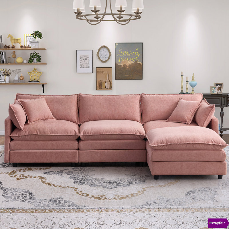 Canapé modulaire en chenille de 105 po avec repose-pieds Jack Avrilynn, Chenille rose