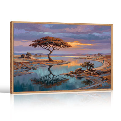 Grand arbre au bord d'une rivière sinueuse au coucher du soleil, avec un ciel violet - Tableau sur toile