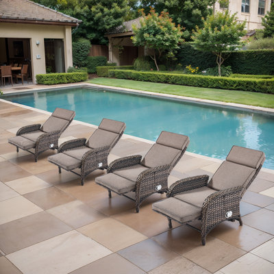 Gaetanino 60" Outdoor Wicker Poolside Reclining Single Chaise Lounge With Cushion (Set Of 4)