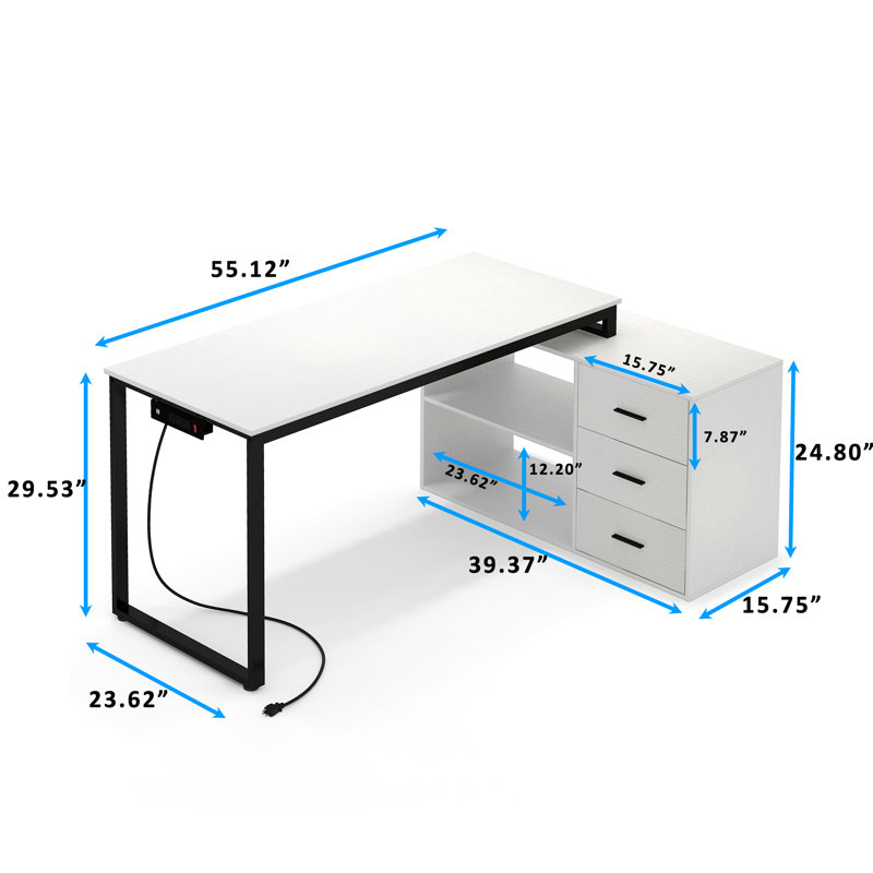 Manahan Modular L-Shaped Steel Computer Desk with Built-In Electrical Outlet