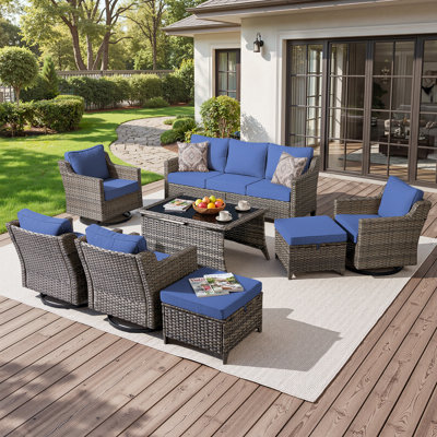 Ensemble de mobilier de patio en osier - Ensemble de conversation en rotin 8 pièces avec 4 chaises de patio en osier, 2 repose-pieds et table basse pour le jardin, la cour, le balcon et la terrasse