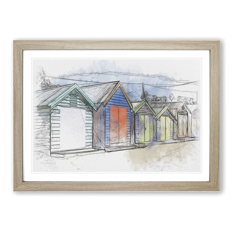 Colourful Beach Huts - Picture Frame Painting, 48cm H x 65cm W x 2cm D, Oak