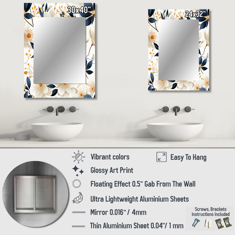 Motif floral de pétales de fleurs bleues et blanches Arnhildur - miroir décoratif floral, 32 po x 24 po