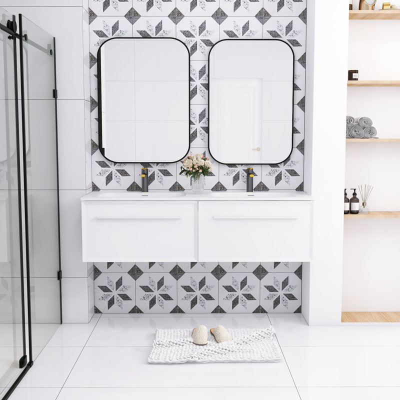 60 in. White Double Sink Wall-Mounted Bath Vanity with Solid Surface Top
