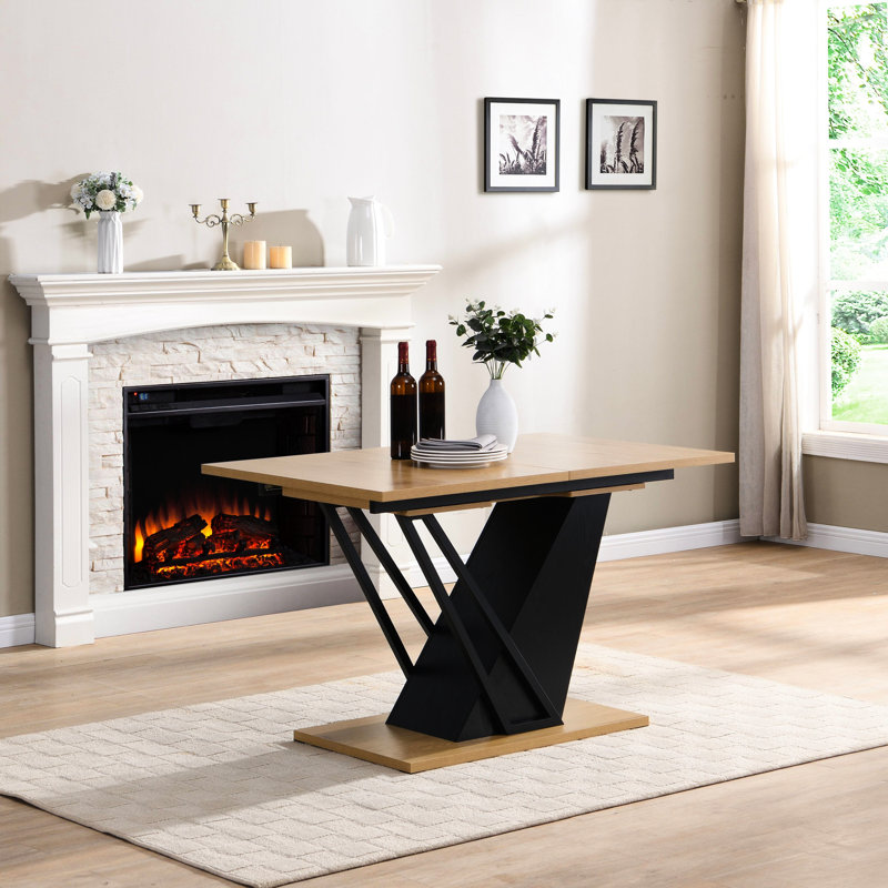 Table extensible de 61,31 po pour la maison, géométrique moderne avec structure et base en métal, table de salle à manger réglable en bois, zones de bureau, table de 61,31 po, structure stable et cuisine de table, emplacement pour la salle à manger
