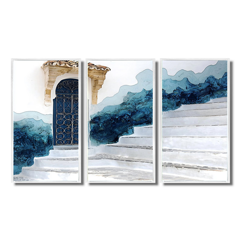 «Blue Chefchaouen Blue City In Morocco I», ensemble d'art mural, Toile encadrée flottée blanche, H 32 po x l 48 po x P 1 po