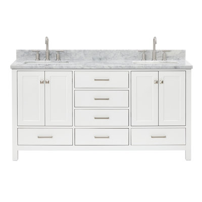 Flynt 67'' Solid Wood Double Bathroom Vanity in White, with 0.75'' Carrara Marble Top, Center, Rectangle Sink