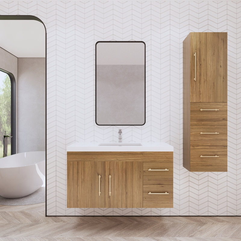 Doddridge 42" Wall-Mounted Single Bathroom Vanity Set, Natural Oak