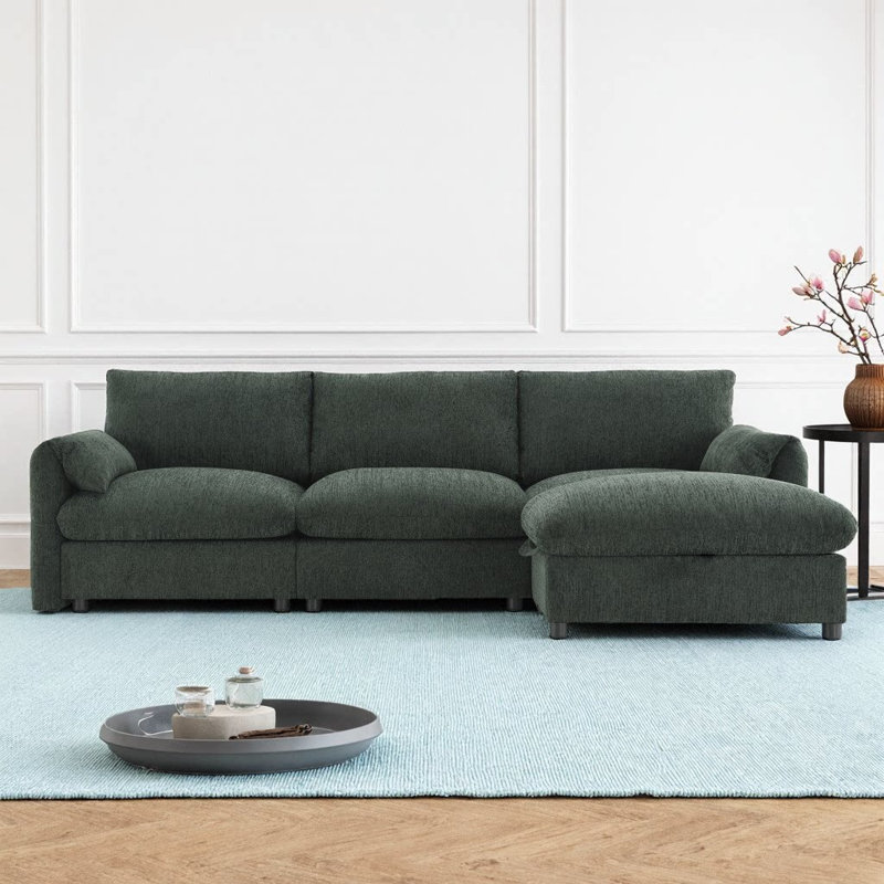 96.5" L-Shaped Sectional Sofa with Storage Ottoman & USB Charger | Chenille Upholstered Couch with Elephant Ear Armrests, Adjustable Phone Holder & Side Pockets | 4-Seater Sectional for Living Room or Apartment
