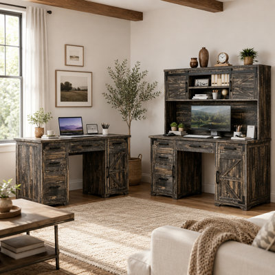 Ensemble de bureau d'ordinateur à 2 tablettes et 2 grandes armoires, bureaux à domicile en L, armoire haute avec tablettes de rangement, 3 tiroirs, porte vitrée