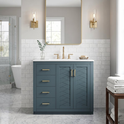 36" Freestanding Bathroom Vanity in Blue with Ceramic Sink ,Solid Wood Frame , Storage Cabinet with 3 Drawers and Soft Closing Doors(No Faucet)