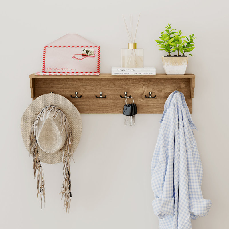 Portemanteaux mural avec tablette 31,5 pouces avec 6 crochets pour chapeaux, Naturel