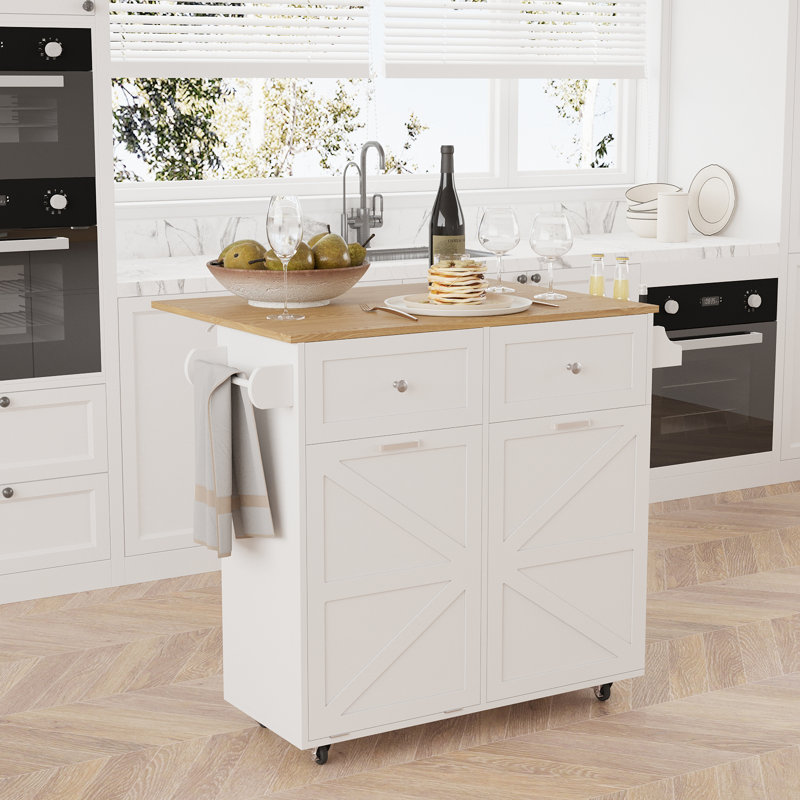 Îlot de cuisine 35,4 po avec armoire à poubelle, roulettes verrouillables, support à épices et tour