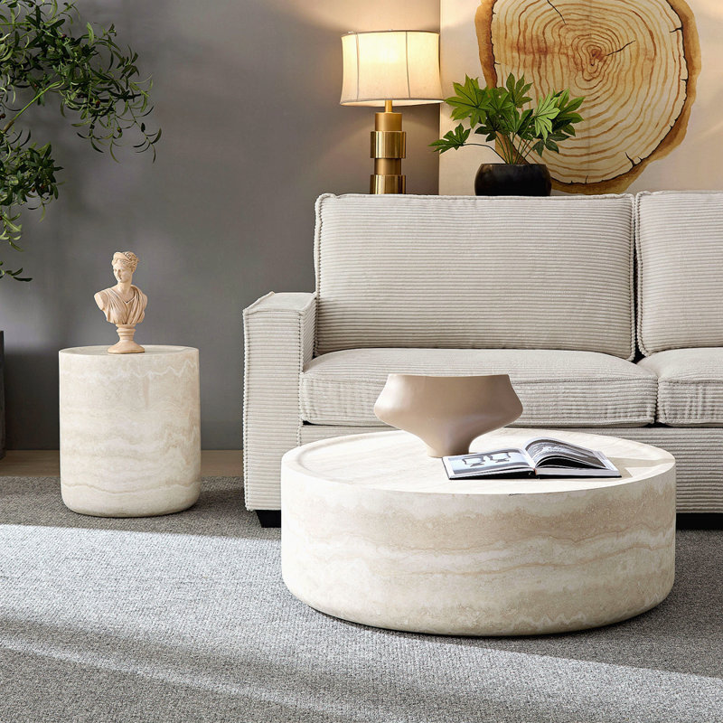 Set Of 2 Faux MARS Pattern Coffee Tables Side Table Round Tea Faux Travertine Textured  Table For Living Room, No Need Assembly.