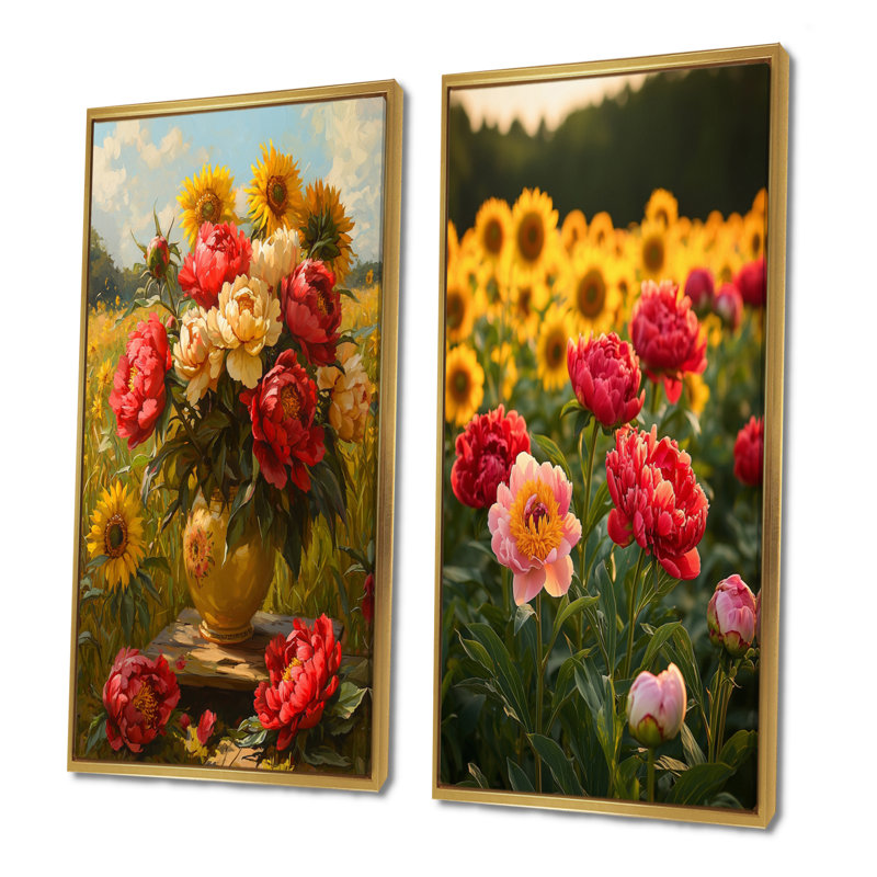 Pivoines par le champ de tournesols I - décoration murale en toile florale 2 panneaux, H 40 po x l 41 po, Cadre flottant doré