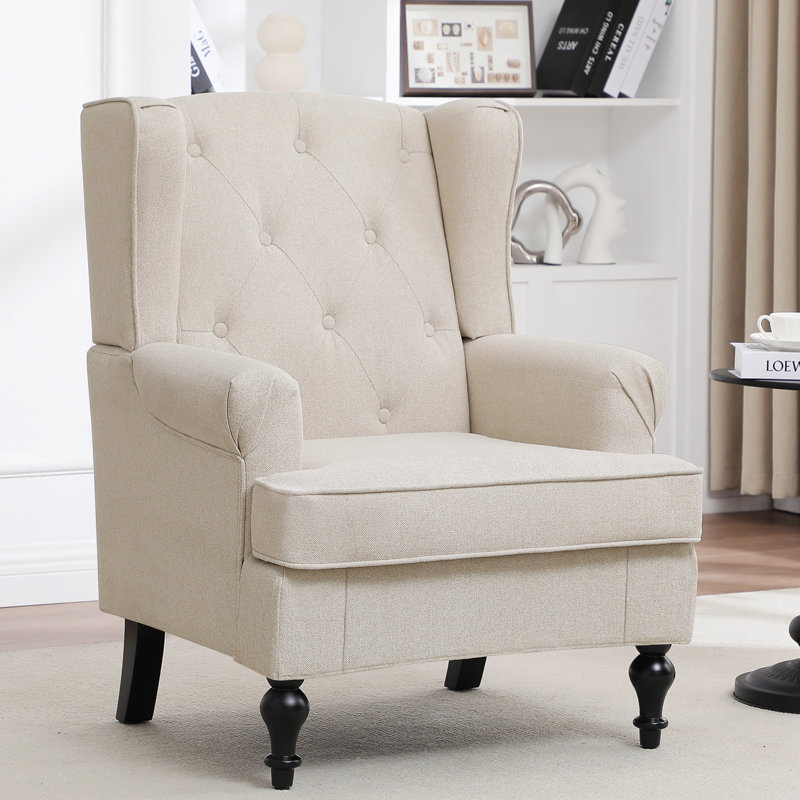 Upholsterd Wingback Armchair, Khaki Linen Blend