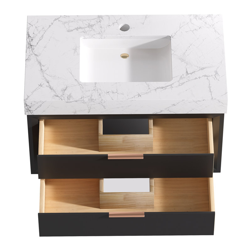 Meuble-lavabo mural simple en bois massif 36 po avec comptoir en pierre et lumière, Noir
