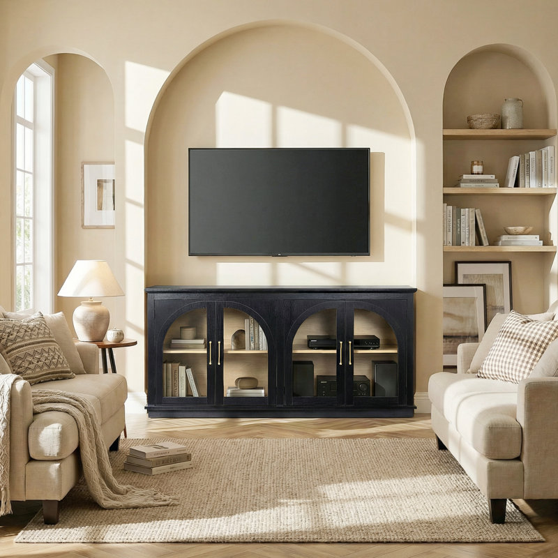65" TV Stand with Adjustable Shelves, Accent Buffet & Sideboard With Arched Glass Door, Black, Black