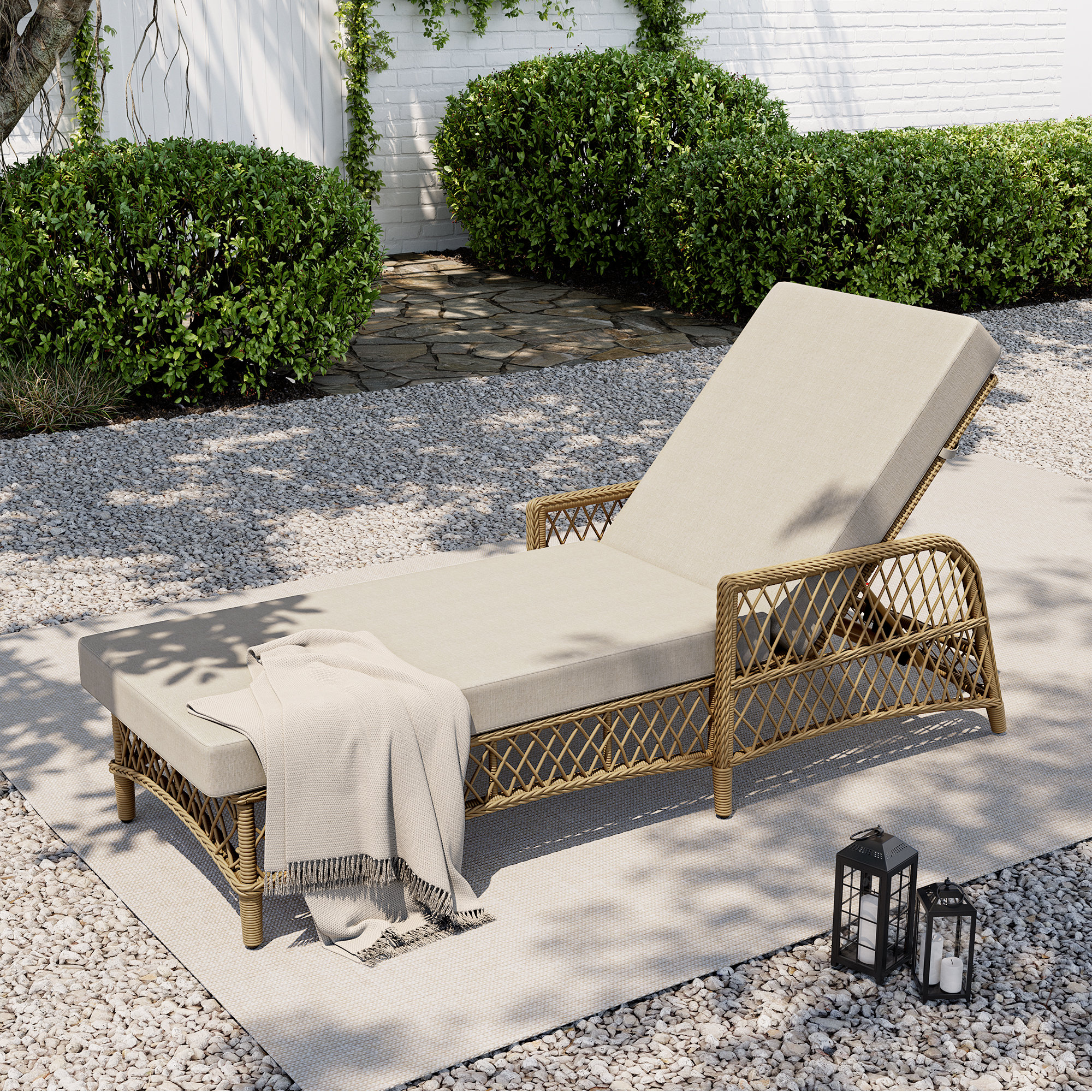 Lindenwold 1-Piece Wicker Patio Chaise Lounge With Beige Cushions