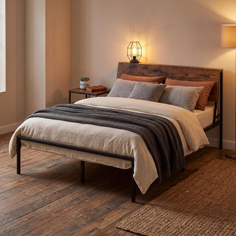 Base de lit grand avec tête de lit, base de lit plateforme en métal avec tête de lit en bois, sommier robuste, silencieux, rangement sous le lit, aucun sommier requis, assemblage facile