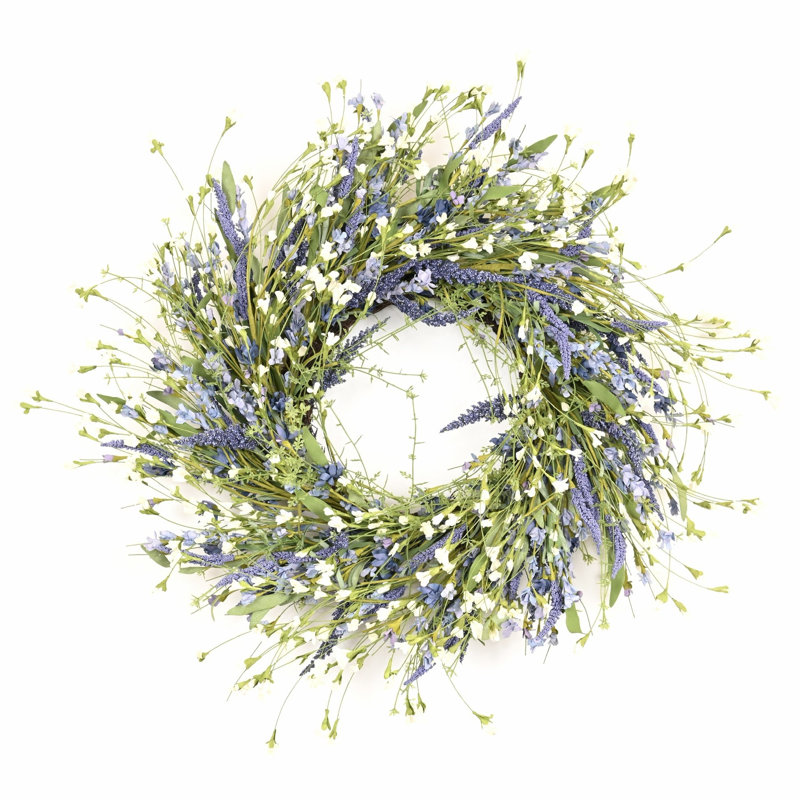 Couronne de porte artificielle 24 po avec fleurs et fleurs, Blanc
