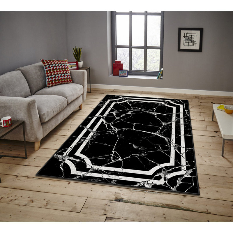 Tapis rectangulaire noir / blanc en polyester tissé à la machine, Rectangle 4 pi 7 po x 7 pi 3 po