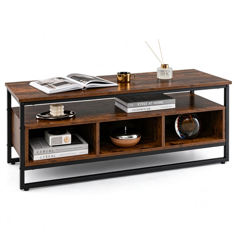 Rustic Brown Industrial Three Tier Coffee Table with Open Shelf and Three Storage Cubbies, Engineered Wood and Metal Frame Multipurpose Cocktail Table for Living Room Bedroom Study