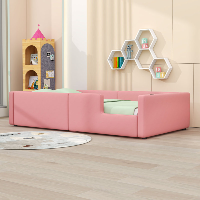 Twin-Size PU Upholstered Platform Bed With Built-In Charging Station And Safety Guardrail