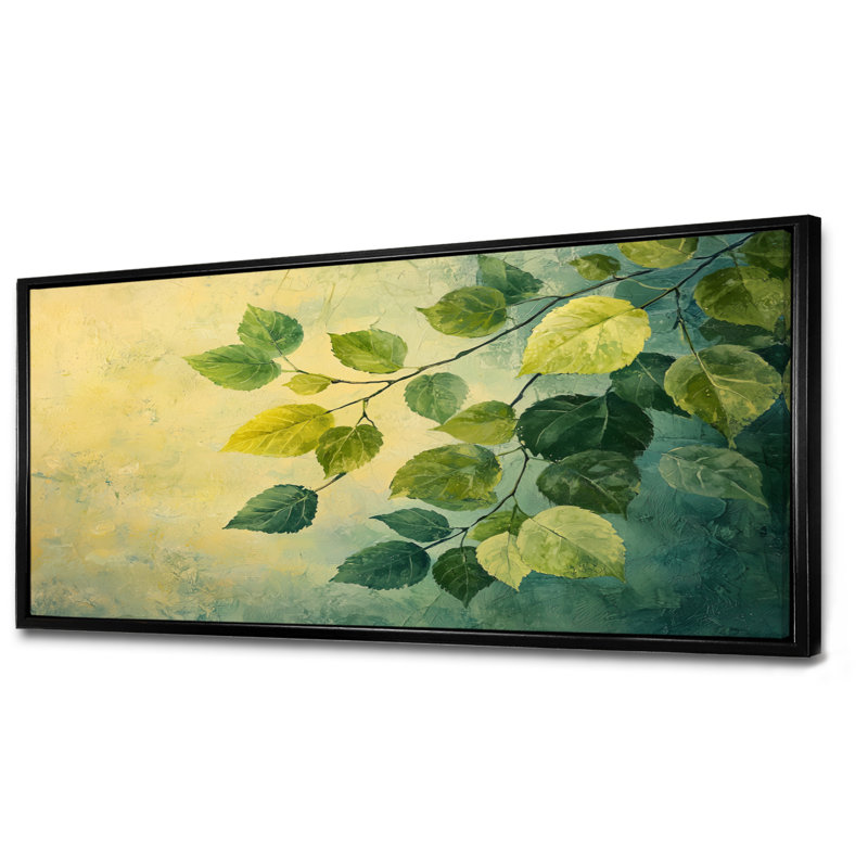 Feuillage vert et jaune, feuilles, collage IV - feuilles, art mural, H 28 po x l 60 po, Floater Framed