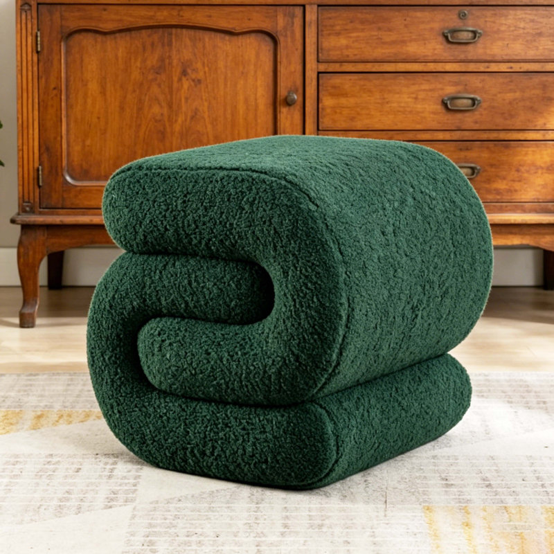 Green S-Shaped Teddy Fabric Ottoman Stool, Upholstered Makeup Vanity Stool, Modern Curved Footstool With Wooden Frame For Living Room, Bedroom, Entryway