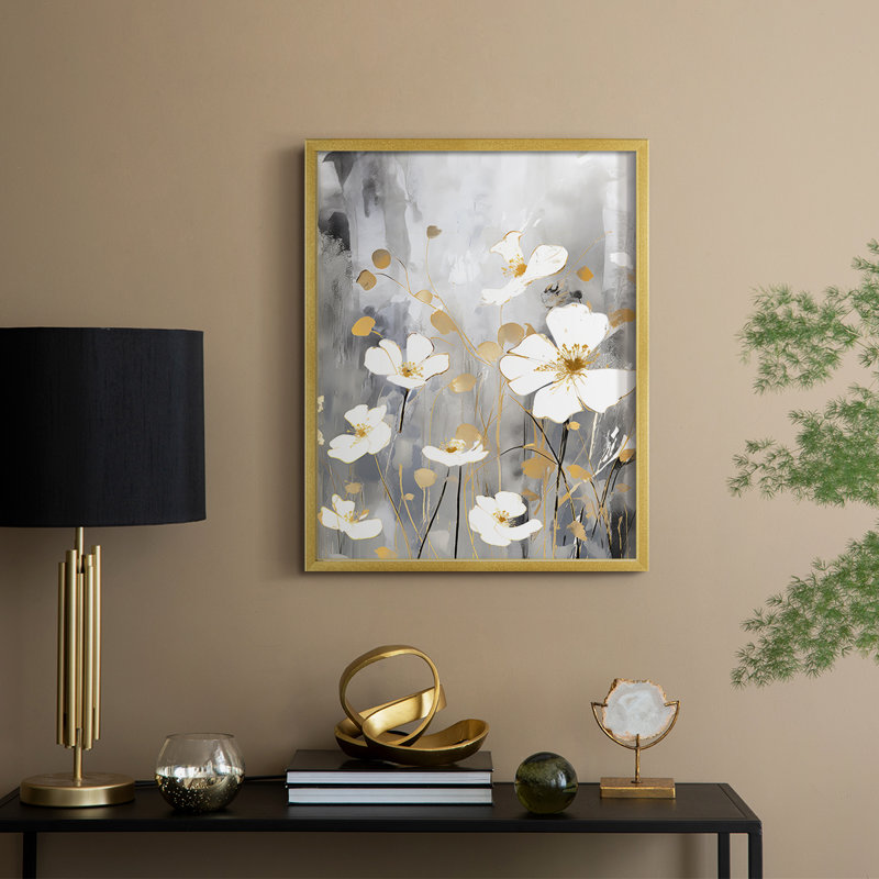 FLORAL Series CDVII - reproduction encadrée de qualité supérieure - prête à être accrochée - aucun clou requis, Or