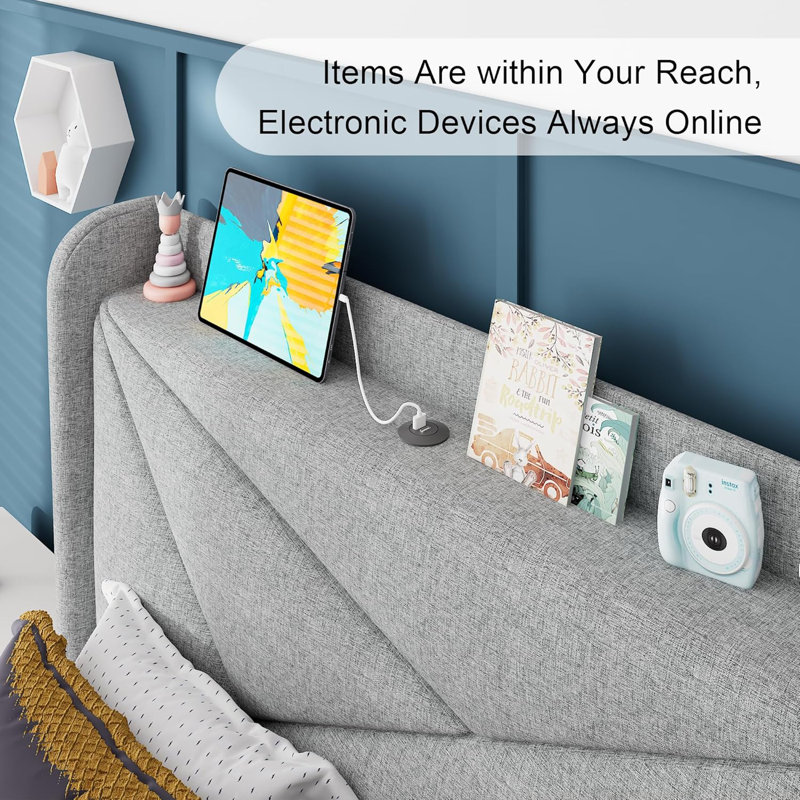 Twin Bed Frame, Upholstered Bed Frame with Charging Station
