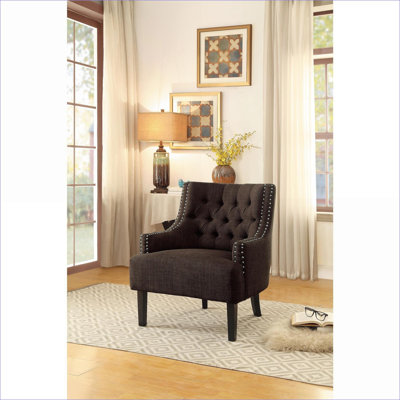 Chaise d'appoint capitonnée en tissu texturé à boutons, siège traditionnel moderne en bois massif pour salon adultes, 1pc