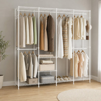 195cm 4 Column Wire Wardrobe with 4 Rails 6 Shelves and Side Hooks