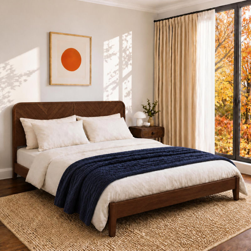 Cadre de lit très grand de qualité supérieure Woodmere avec tête de lit Symmetry, lit plateforme en bois massif, support de lattes en bois, pieds fuselés en bois massif, aucun sommier nécessaire, style Mid-Century moderne (noyer)