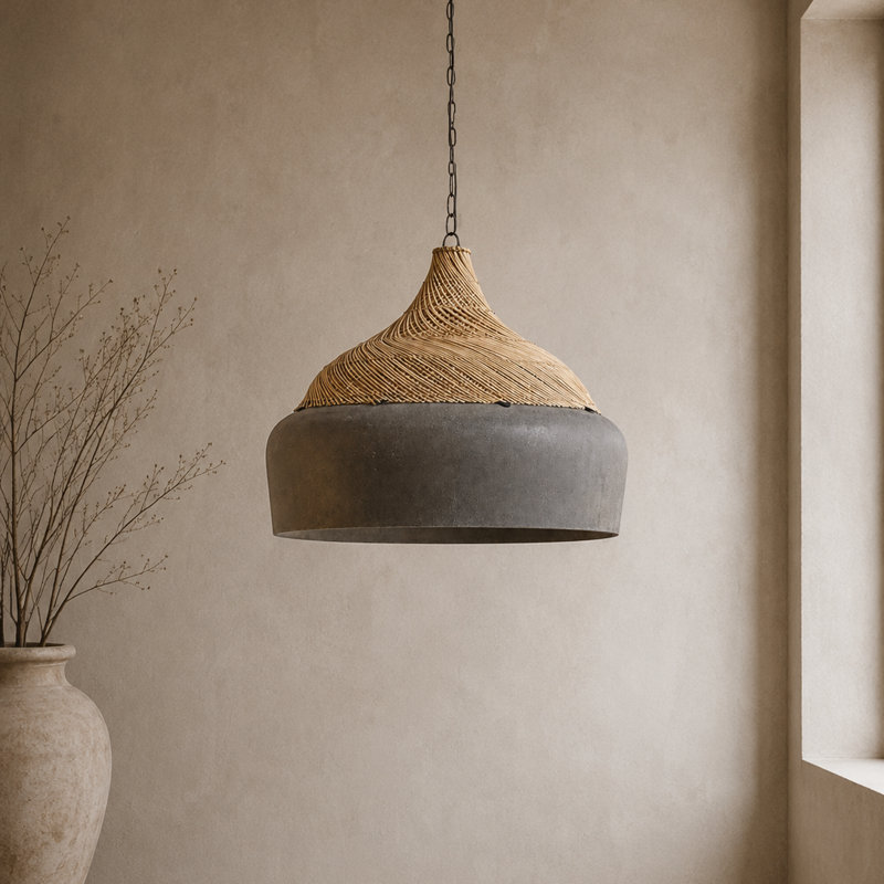 Bent Cement Fiber & Rattan Pendant Shade