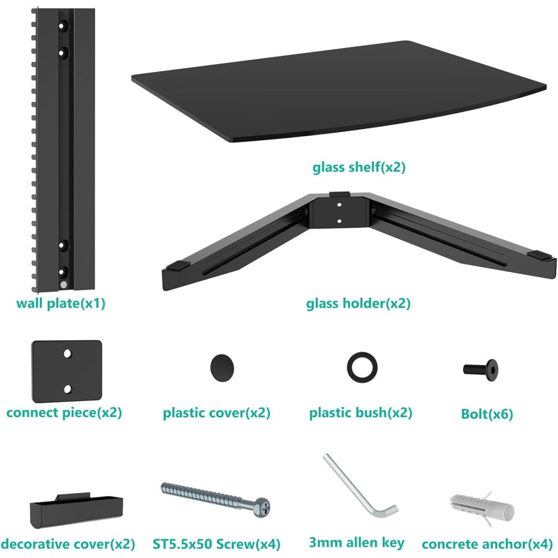 Étagère murale flottante pour téléviseur, tablette en verre à 2 niveaux pour projecteur et lecteur DVD, noire