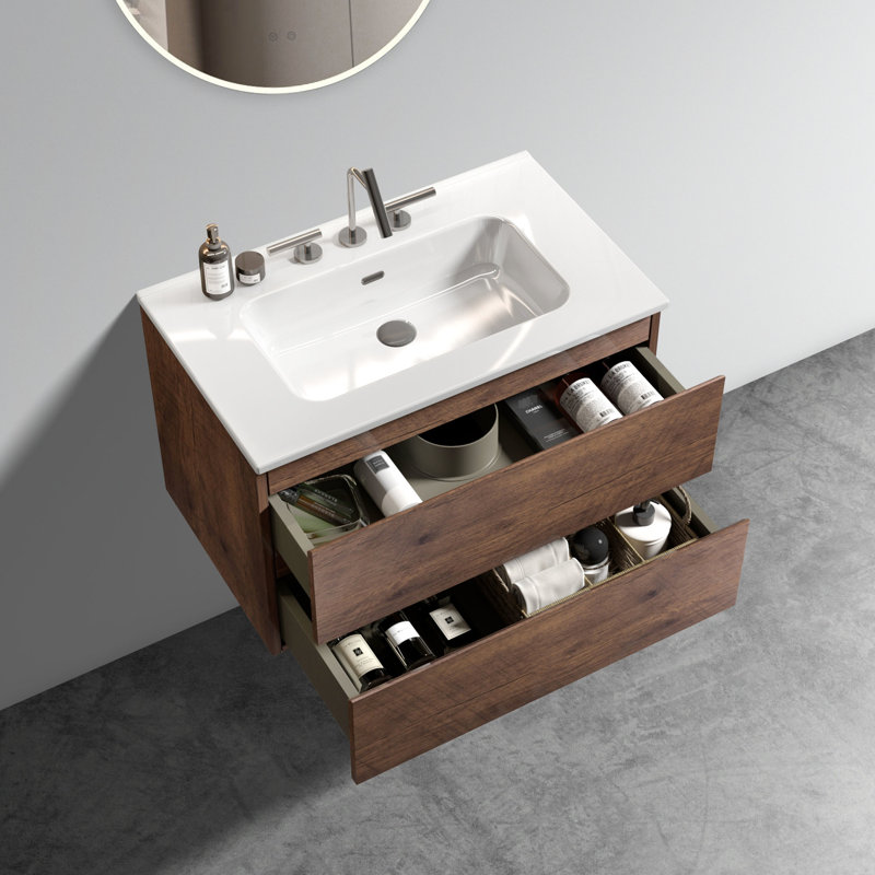 Meuble-lavabo de salle de bain 30 po en noyer - lavabo en céramique, rangement intérieur abondant, armoire à tiroirs silencieux avec évier, compartiment de rangement intérieur généreux, tiroirs, contemporain