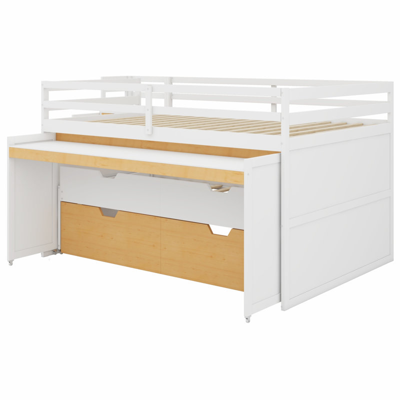 Lit mezzanine fonctionnel avec lit gigogne, bureau coulissant et tiroirs de rangement, Double XL, Blanc + couleur bois