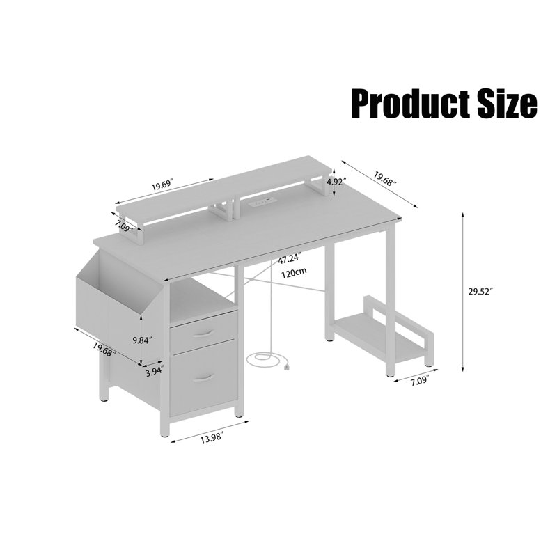 Office Desk With Power Outlet, White, White