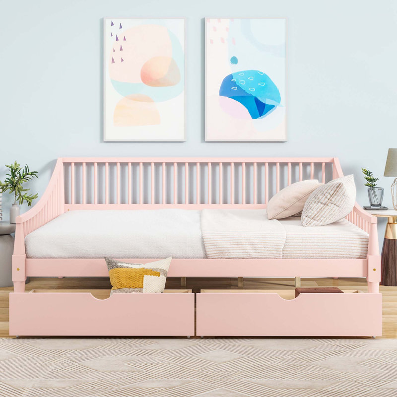 Lit de jour avec deux tiroirs de rangement et pieds de soutien, Rose