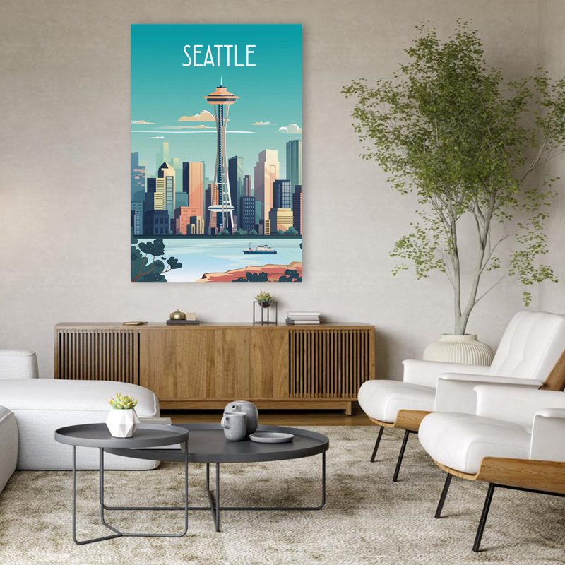 City Sights Seattle - Architecture, bateaux bleus, art brun, H 48 po x l 32 po