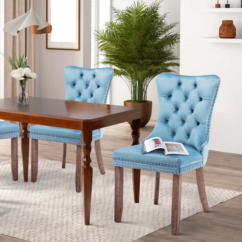 Tufted Velvet Wing Back Side Dining Chairs, Brown, Light Blue