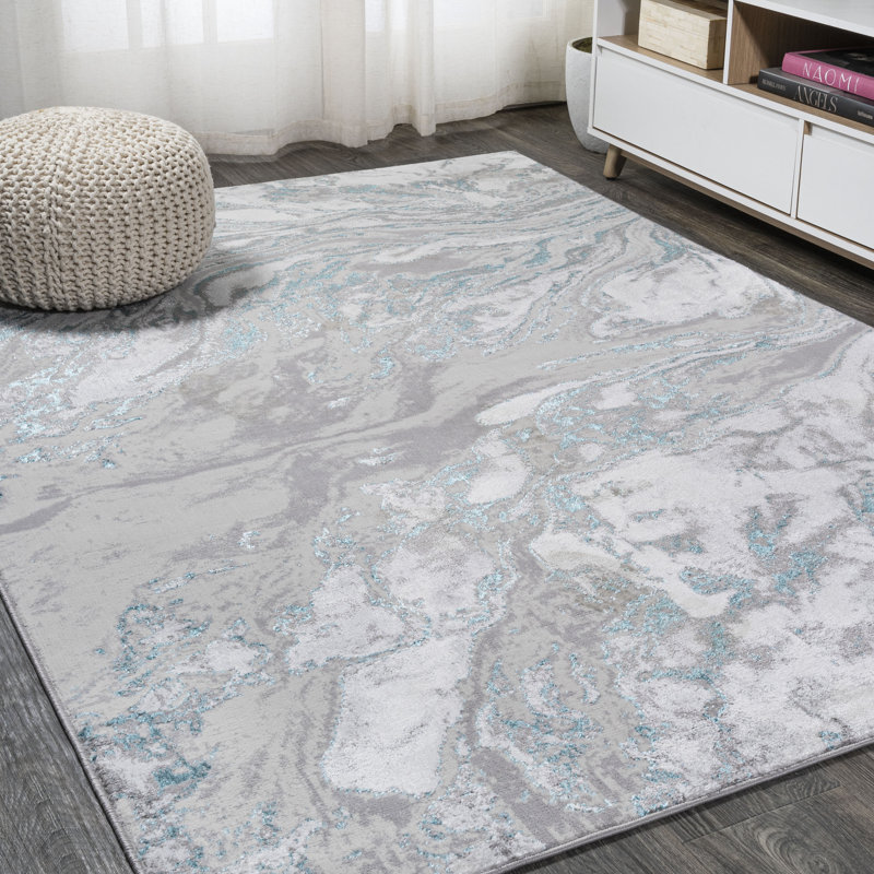 Swirl Marbled Abstract Gray/Turquoise Rug, Rectangle 5' x 8'