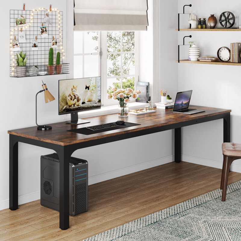 Bureau d'ordinateur 78,7 po extra long pour 2 personnes, Brun rustique / noir