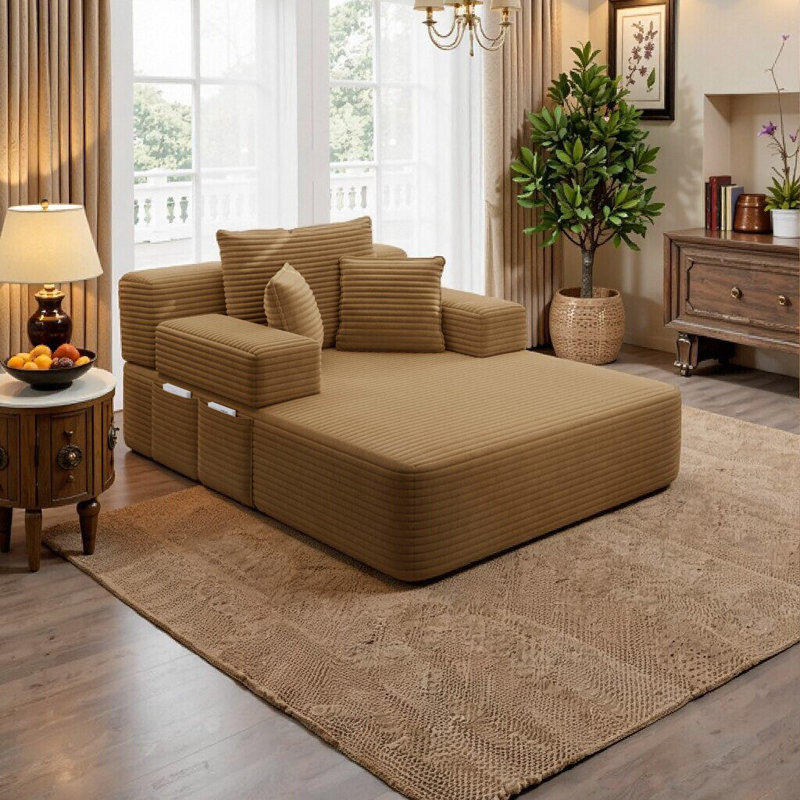 Chaise longue convertible Resta en velours côtelé duveteux avec poches de rangement et 3 coussins, Chameau