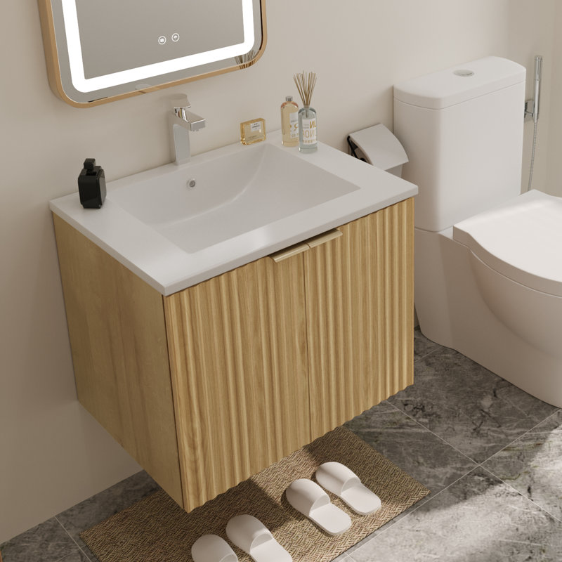 24" Modern Wall Mounted Floating Cabinet Bathroom Vanity with Sink and Wavy Textured Soft-Close Doors,Nature Color
