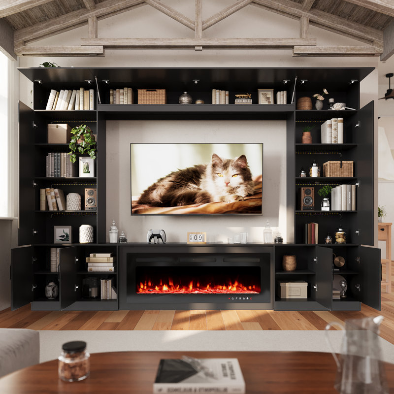 Meuble audio-vidéo 112 po avec foyer et lumières DEL, Noir