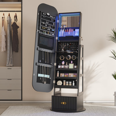 22.05" Wide Freestanding Jewellery Armoire With Mirror And Led Light