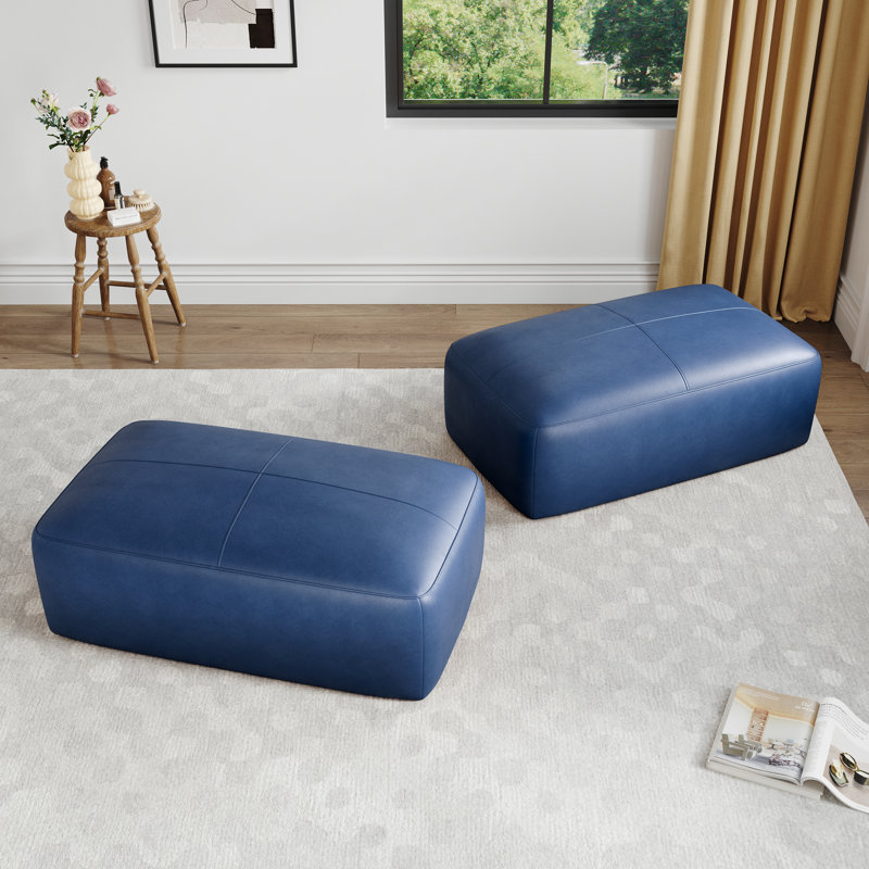 Hustle Square Top-Grain Genuine Italian Leather Ottoman (Set of 2), Navy Blue